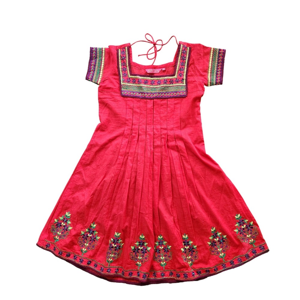 Haute Curry Embroidered A-Line Dress Women S‎ Red Excellent Boho Floral Tie-Back